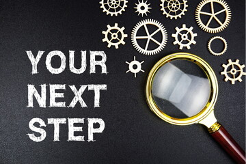 Your Next Step text message with magnifying glass on black background