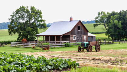 Scenic homesteading farm featuring tractor and barn with copy space for text ideal for agriculture and rural themes