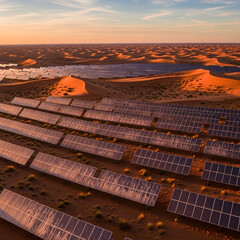  Desert Oasis of Energy: An Aerial View Captures the Immense Scale of a Solar Farm Stretching Across the Sands, Representing a Sustainable Future and Innovative. Generative AI.