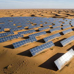  Desert Oasis of Energy: An Aerial View Captures the Immense Scale of a Solar Farm Stretching Across the Sands, Representing a Sustainable Future and Innovative. Generative AI.