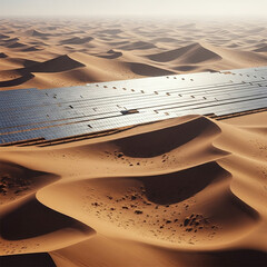  Desert Oasis of Energy: An Aerial View Captures the Immense Scale of a Solar Farm Stretching Across the Sands, Representing a Sustainable Future and Innovative. Generative AI.
