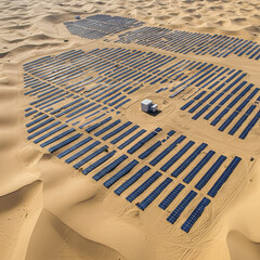  Desert Oasis of Energy: An Aerial View Captures the Immense Scale of a Solar Farm Stretching Across the Sands, Representing a Sustainable Future and Innovative. Generative AI.