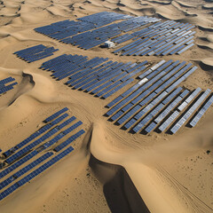 Desert Oasis of Energy: An Aerial View Captures the Immense Scale of a Solar Farm Stretching Across the Sands, Representing a Sustainable Future and Innovative. Generative AI.
