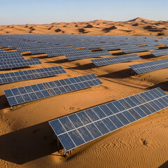  Desert Oasis of Energy: An Aerial View Captures the Immense Scale of a Solar Farm Stretching Across the Sands, Representing a Sustainable Future and Innovative. Generative AI.
