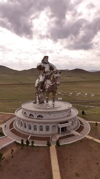 The biggest statue of Genghis Khan in Mongolia surrounded by steppe