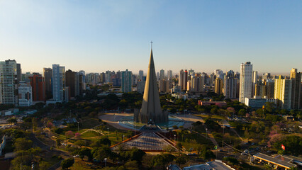 Aerial View of Maringa, Cathedral and downtown. Several buildings.