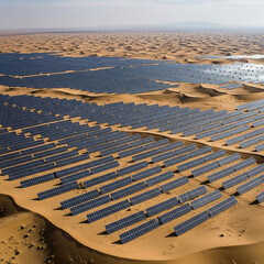  Desert Oasis of Energy: An Aerial View Captures the Immense Scale of a Solar Farm Stretching Across the Sands, Representing a Sustainable Future and Innovative. Generative AI.
