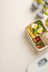 Meal prepping verticaly displayed with a balanced meal, dumbbells, and a scale promoting a healthy lifestyle
