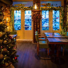 Restaurant bar during Christmas time. Christmas decorations restaurant