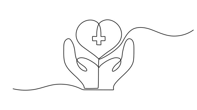 medical symbol continuous one line drawing animation, Animation of a single line drawing of a medical shield with a cross. Continuous contour movement of a medical shield with a cross. Continuous 