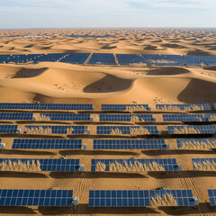  Desert Oasis of Energy: An Aerial View Captures the Immense Scale of a Solar Farm Stretching Across the Sands, Representing a Sustainable Future and Innovative. Generative AI.