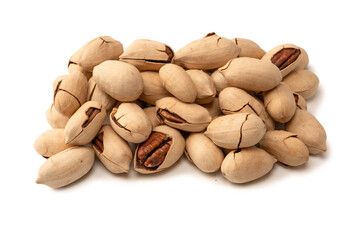 Obraz premium Pecan-nut in a shell isolated on white background. Top view.