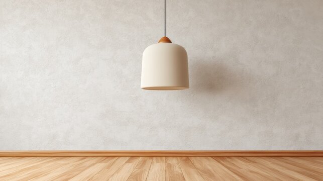 Modern minimalistic interior with hanging pendant lamp against textured wall and wooden floor in bright spacious room design concept - Powered by Adobe