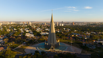Aerial View of Maringa, Cathedral and downtown. Several buildings.