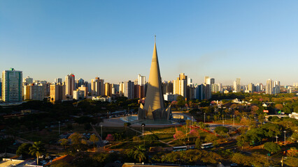 Aerial View of Maringa, Cathedral and downtown. Several buildings.