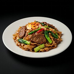 Fototapeta premium plate of Thai Pad See Ew (stir-fried wide rice noodles) with tender beef, Chinese broccoli, and egg, coated in a dark, savory sauce, garnished with chili flakes