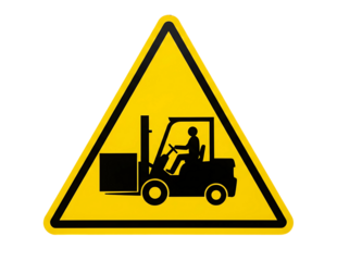 Yellow warning triangle with forklift symbol isolated on transparent background