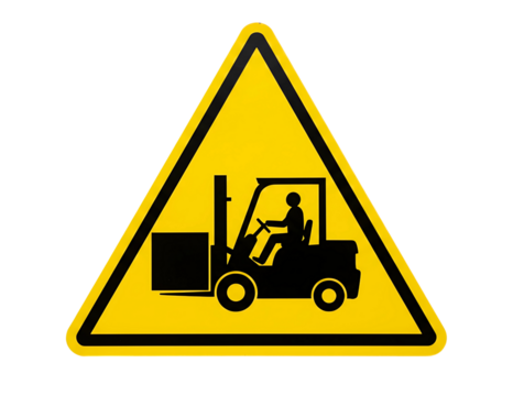 Yellow warning triangle with forklift symbol isolated on transparent background