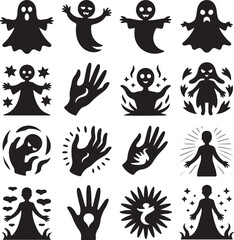 Ghost and hand icons with spooky and magical elements Keywords: ghost, spirit, phantom