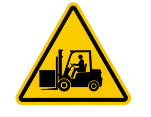 Yellow warning triangle with forklift symbol isolated on transparent background