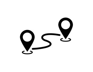 Two map pins connected by a route isolated on transparent background