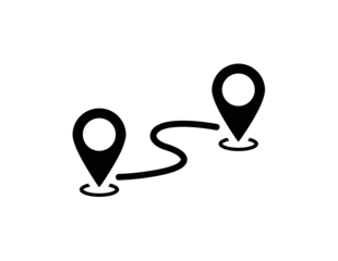 Two map pins connected by a route isolated on transparent background