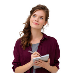 Woman taking notes from tutorial isoleted on transparent background .