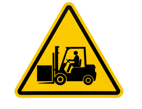 Yellow warning triangle with forklift symbol isolated on transparent background
