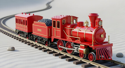 Miniature red toy train with detailed locomotive on tracks symbolizing childhood play hobby collection and transport model