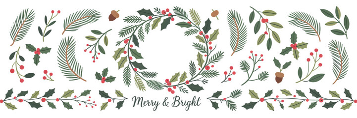 Modern Christmas Vector Pack – Holiday Elements Including Leaves, Branches, Berries, Pine Cones, and Round Frame for Wreaths and Seasonal Graphic Design Projects