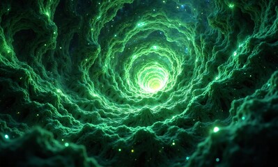 A mesmerizing abstract vortex of swirling green cosmic dust and glowing particles, leading into a brilliant, ethereal light.