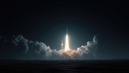 Rocket launch at night through clouds