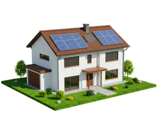 Modern house with solar panels on the roof isolated on transparent background