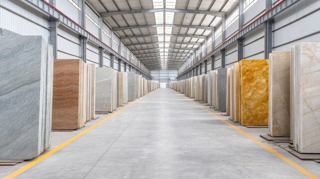 Spacious warehouse interior showcasing large stone slabs in various colors and textures, arranged in neat rows for easy access and selection
