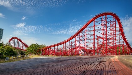 Obraz premium thrilling long and high red roller coaster track in a theme park
