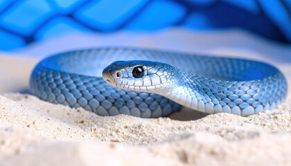 Fototapeta premium Blue Snake Coiled on Sand, Close-up Wildlife Scene