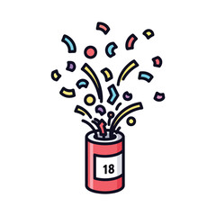 A red party popper exploding with colorful confetti and streamers, celebrating the number 18.