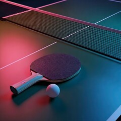 A table tennis setup with a racket and ball, highlighted with vibrant pink and blue neon lights.