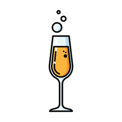 A detailed illustration of a champagne flute filled with sparkling golden liquid and bubbles.