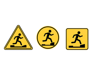 Running man warning signs in different shapes isolated on transparent background