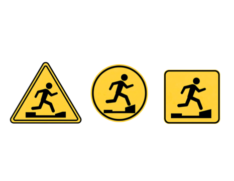 Running man warning signs in different shapes isolated on transparent background