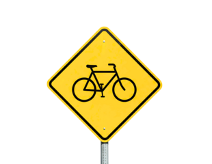 Yellow diamond bicycle crossing warning sign isolated on transparent background