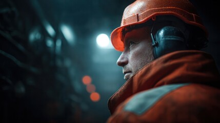 Industrial worker in safety gear manufacturing facility portrait dim environment close-up worker safety awareness