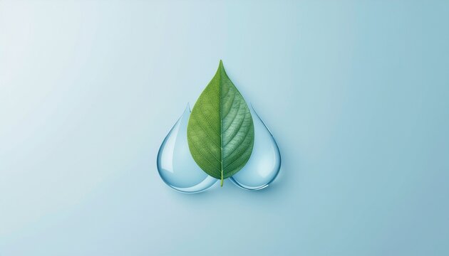 A vibrant green leaf rests delicately on two clear water droplets forming a heart shape against a serene blue background, symbolizing nature's purity and environmental care.