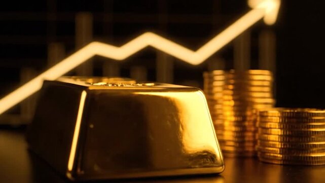 Cinematic Close-Up of Gold Bar and Stacked Coins on a Financial Graph
