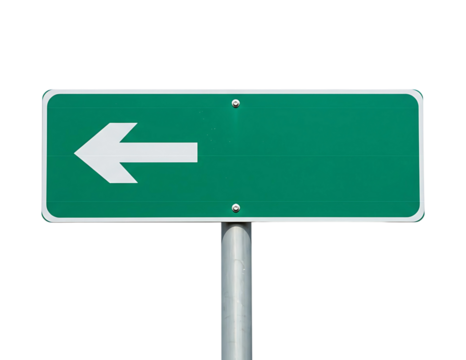 Green directional road sign with white arrow pointing left isolated on transparent background