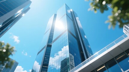 Fototapeta premium Low angle view of modern glass skyscrapers in a city, sun shining through the building