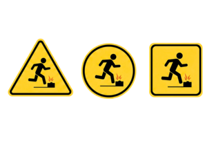 Three warning signs depicting a person tripping over an object isolated on transparent background