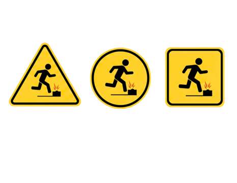 Three warning signs depicting a person tripping over an object isolated on transparent background