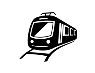 Black silhouette of a modern train on tracks isolated on transparent background